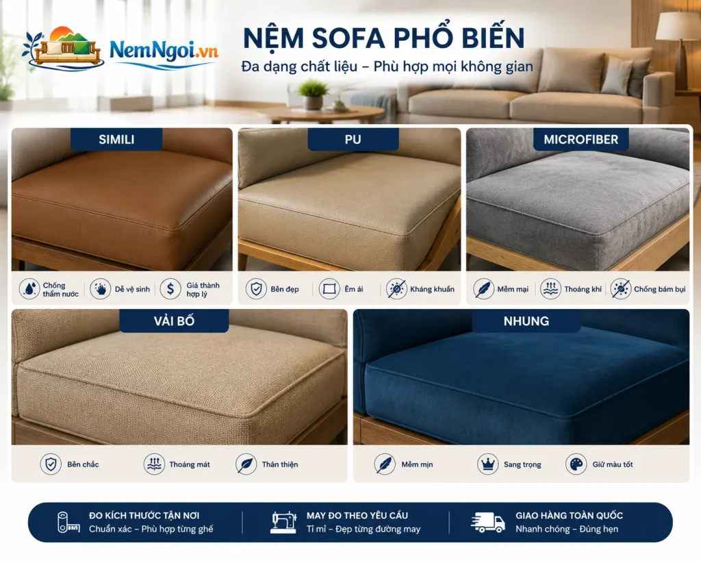 So sánh các chất liệu bọc nệm sofa phổ biến gồm Simili, PU và Microfiber.