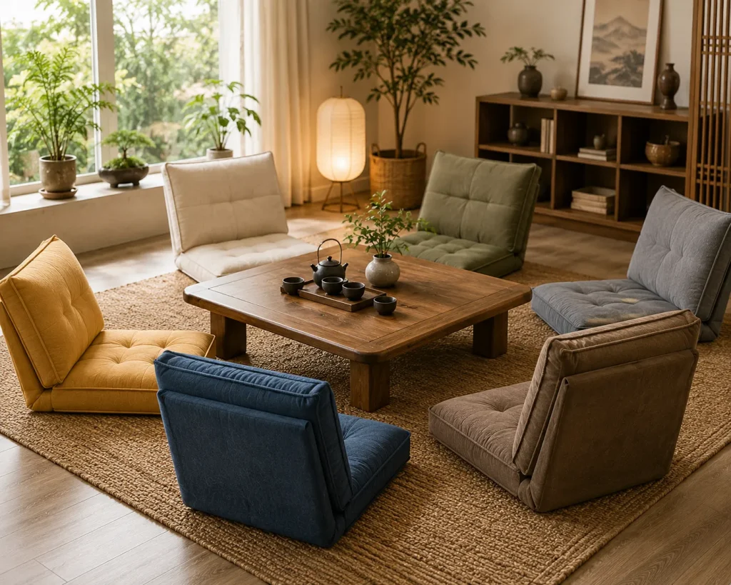 Đệm ngồi bệt có tựa lưng phù hợp phòng khách tối giản và hiện đại.