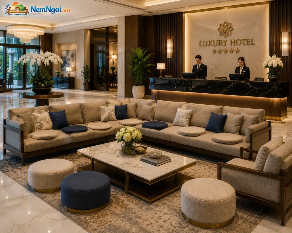 Nệm Ngồi Cho Khách Sạn Chất Lượng Cao, Êm Ái, Bền Đẹp, Giá Tốt 3 Nệm ngồi tại sảnh lễ tân tạo cảm giác chuyên nghiệp và thoải mái cho khách chờ làm thủ tục.