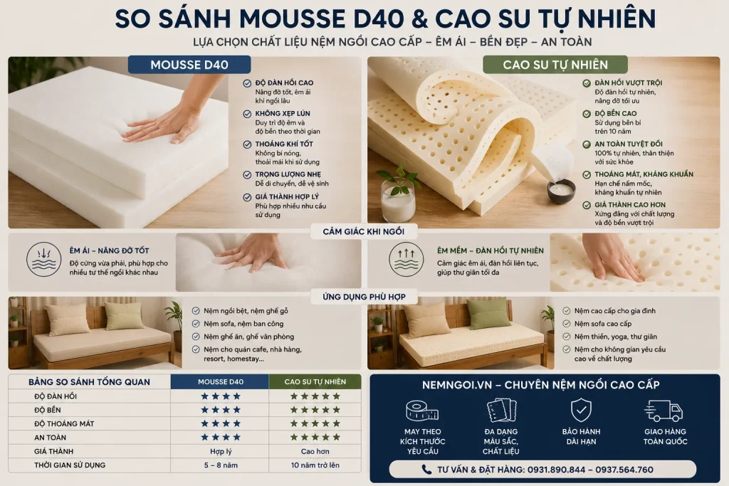 NemNgoi.vn sử dụng mousse D40 và cao su tự nhiên chất lượng cao cho đệm lót ghế ngồi.