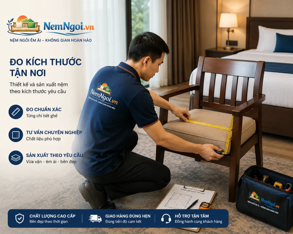 Nệm Ngồi Cho Khách Sạn Chất Lượng Cao, Êm Ái, Bền Đẹp, Giá Tốt 9 Đo đạc chính xác giúp nệm ngồi vừa vặn và đạt tính thẩm mỹ cao.