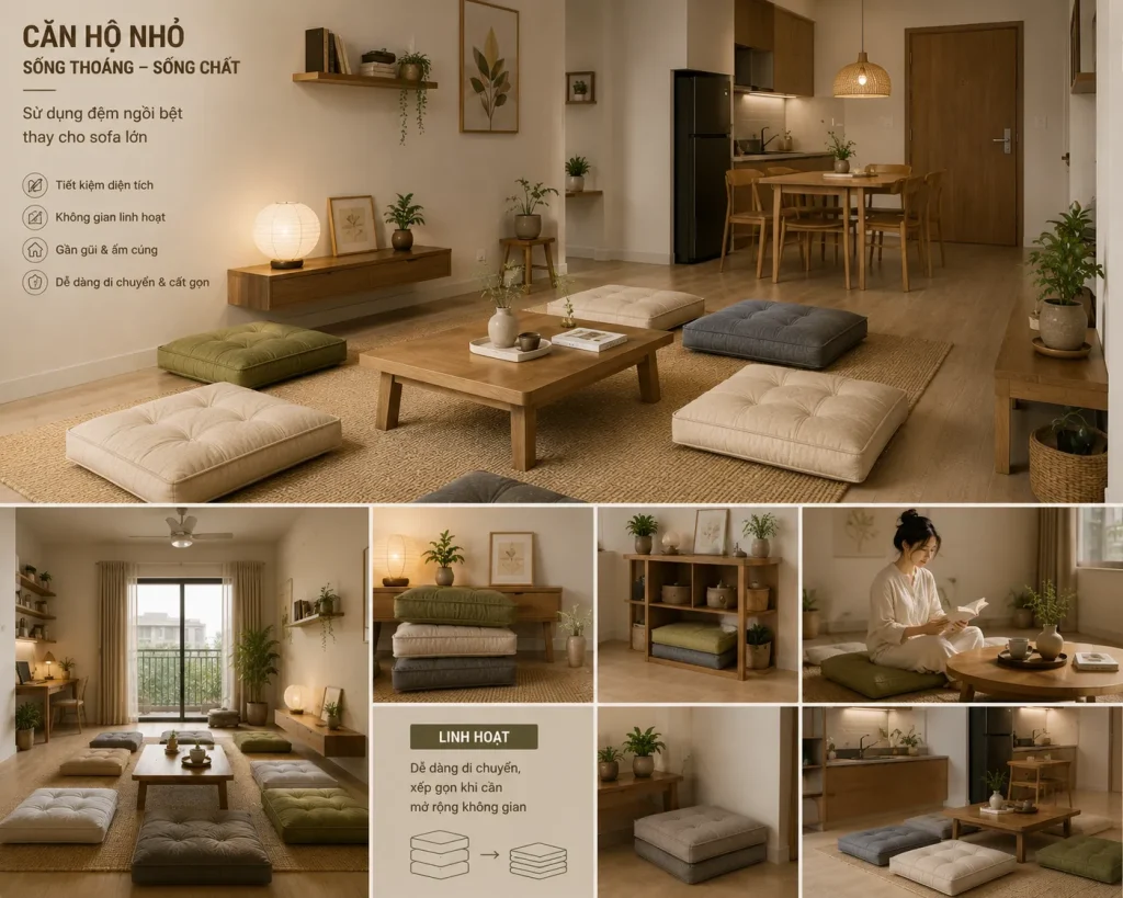 Đệm Ngồi Bệt Đẹp, Êm Ái, Nhiều Kích Thước | May Theo Yêu Cầu 7 Đệm ngồi bệt là giải pháp tối ưu diện tích cho căn hộ nhỏ và không gian tối giản.