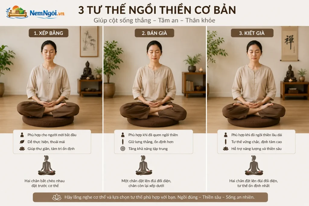 Đệm ngồi thiền phù hợp với nhiều tư thế thiền khác nhau.