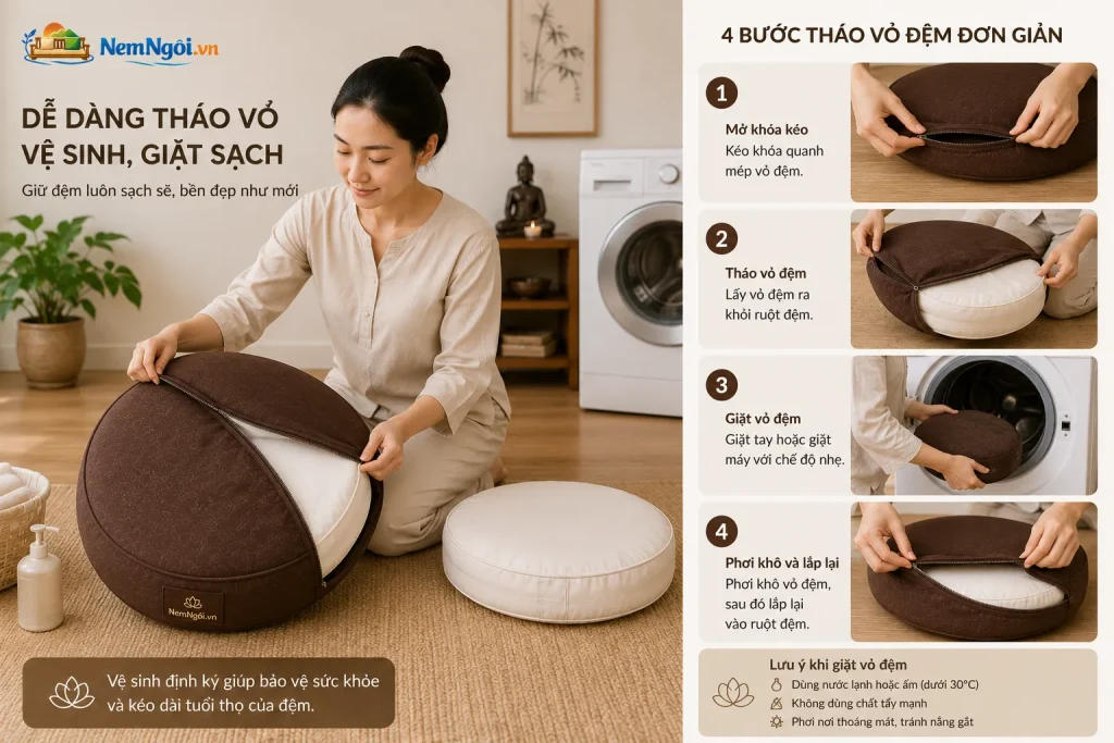 Thường xuyên vệ sinh giúp đệm ngồi thiền luôn sạch sẽ và bền đẹp.