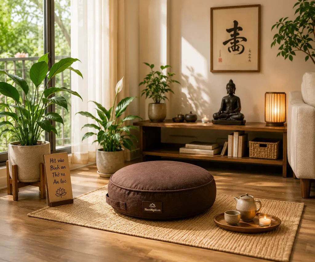 Một chiếc đệm thiền phù hợp giúp tạo không gian thư giãn và tĩnh lặng.