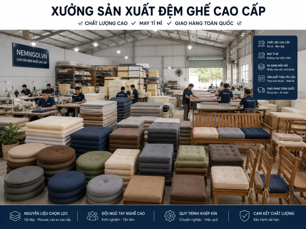 nệm ghế gỗ 27 Nemngoi.vn trực tiếp sản xuất nệm ghế gỗ theo yêu cầu, giá xưởng cạnh tranh.