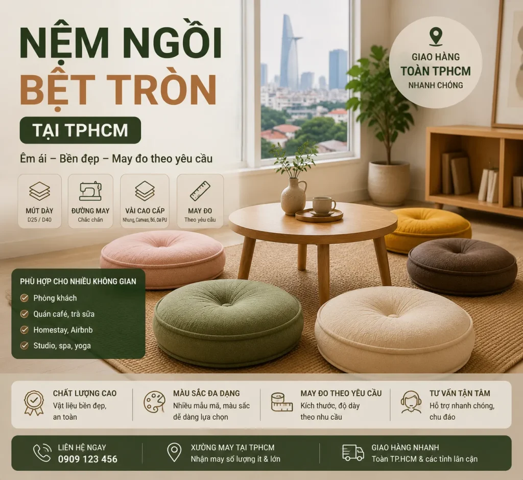 Nệm Ngồi Bệt Tròn Tại TPHCM | Êm, Bền, Cao Cấp, Nhiều Màu Chọn 1 banner