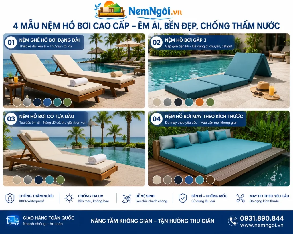 Nemngoi.vn nhận sản xuất nhiều mẫu nệm hồ bơi với kiểu dáng và kích thước đa dạng.