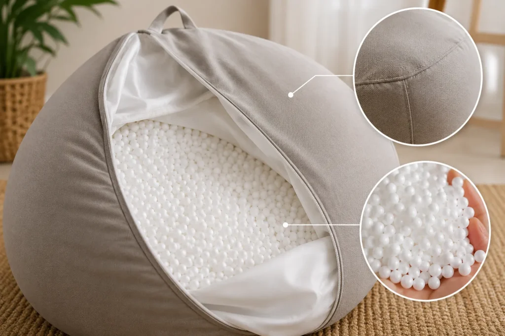 Những Mẫu Ghế Lười Được Ưa Chuộng Hiện Nay – Đẹp, Êm Ái, Phù Hợp Mọi Không Gian 2 Ghế lười được cấu tạo từ vỏ vải cao cấp kết hợp ruột hạt xốp EPS đàn hồi.