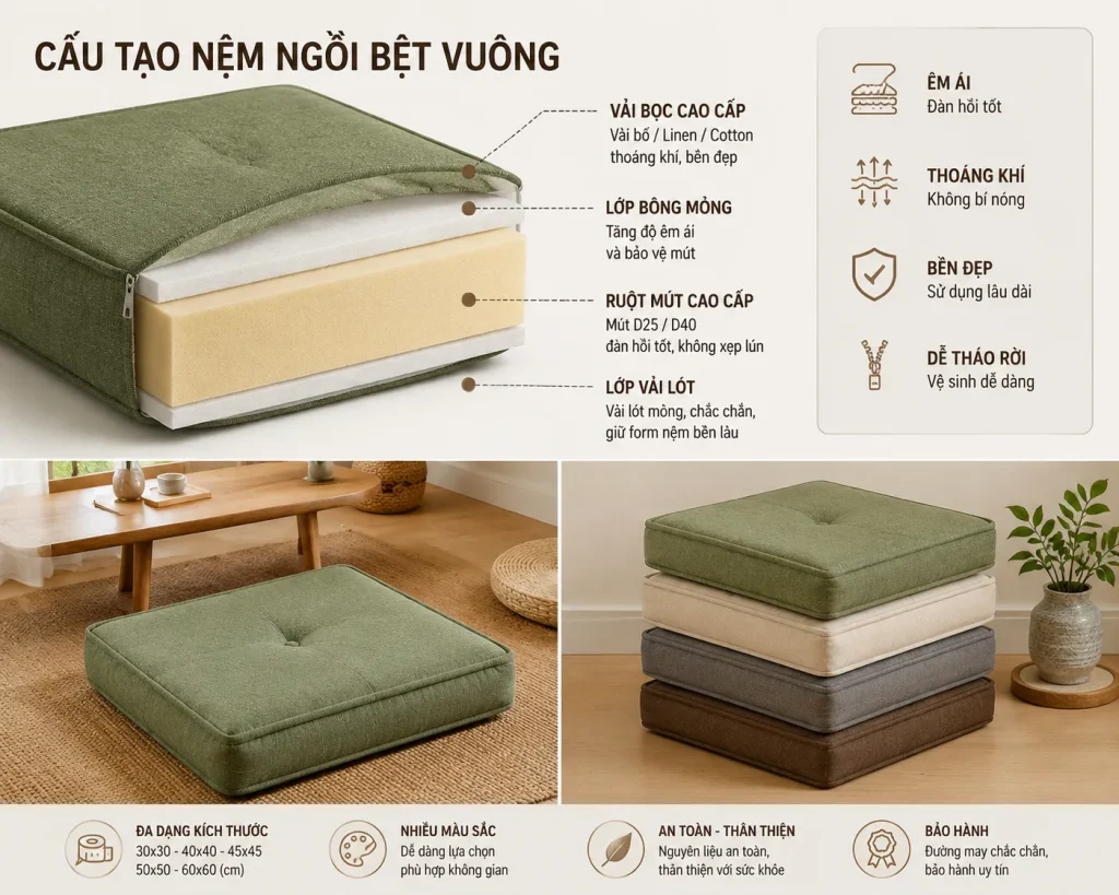 Nệm Ngồi Bệt Vuông Tại TPHCM Êm, Đẹp, Bền – May Theo Yêu Cầu 2 Cấu tạo nệm ngồi bệt vuông gồm mút D40 và vải bọc cao cấp