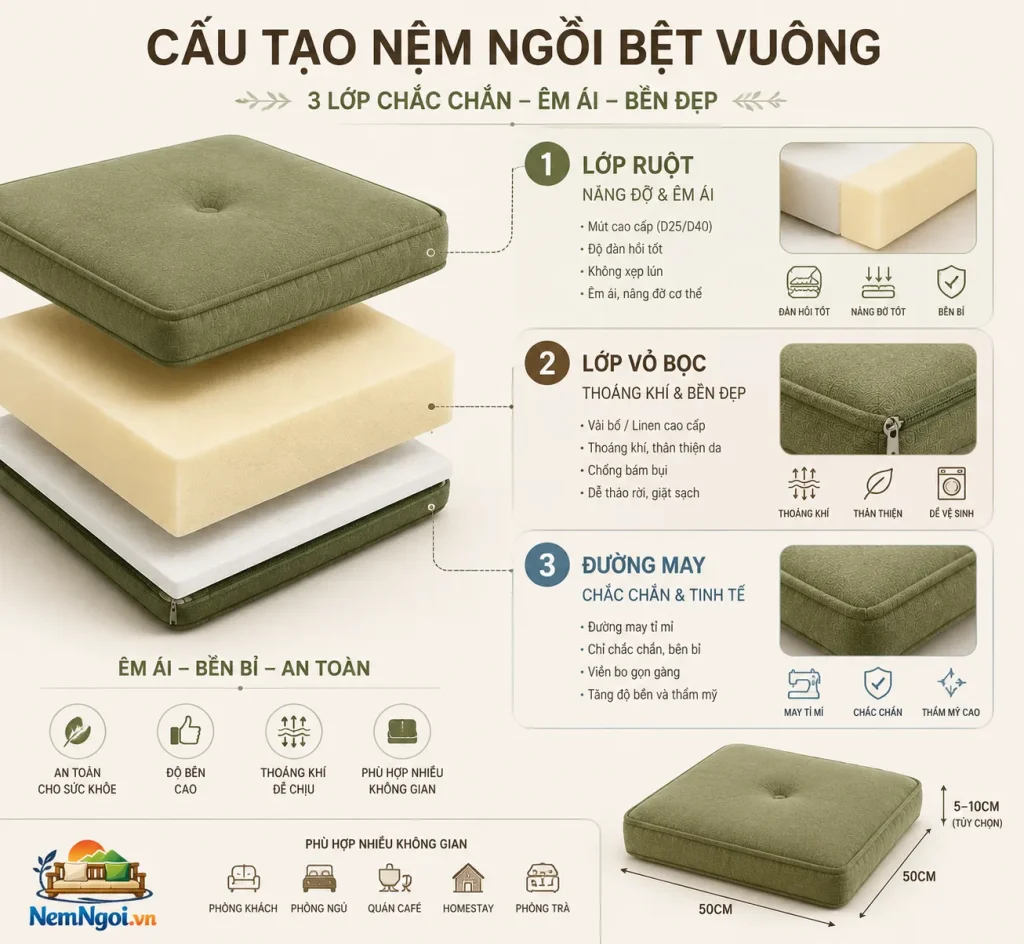 Nệm Ngồi Bệt Vuông Tại TPHCM Êm, Đẹp, Bền – May Theo Yêu Cầu 5 Cấu tạo 3 lớp của nệm ngồi bệt vuông chất lượng cao