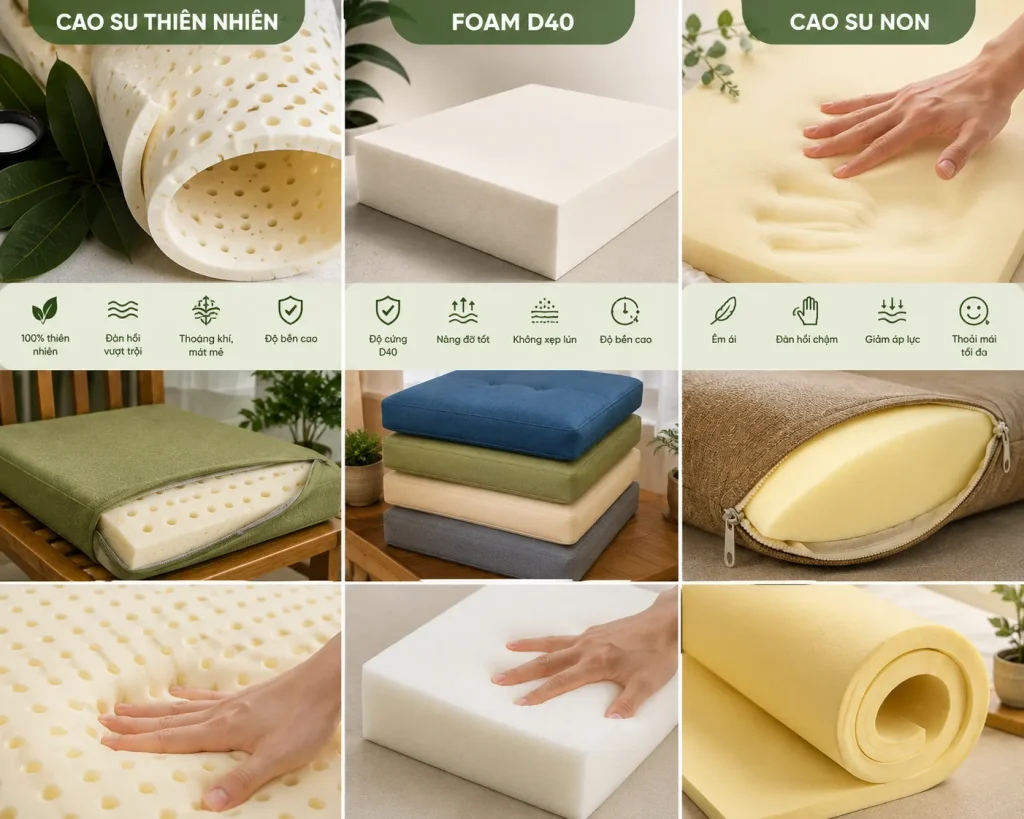 Đệm Bệt 23 chất liệu phổ biến dùng sản xuất đệm bệt.