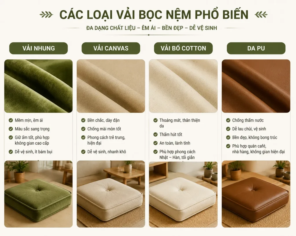 nệm ghế sofa 6 Đa dạng chất liệu bọc nệm ghế sofa phù hợp nhiều phong cách nội thất.