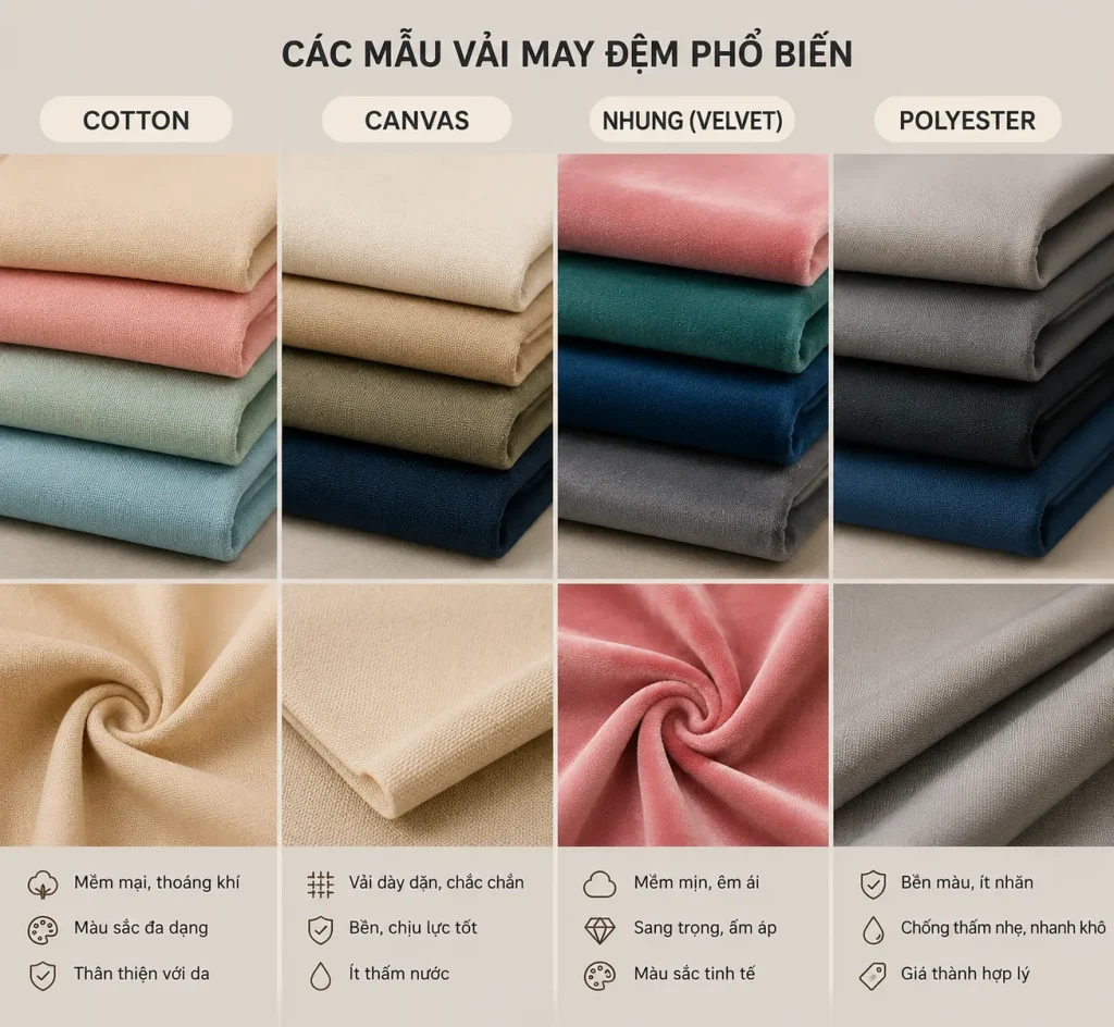 Đệm Ngồi Em Bé Tại TPHCM | Giá Tốt, Nhiều Mẫu Đẹp, May Theo Size 11 Các chất liệu vải bọc Đệm Ngồi Em Bé phổ biến