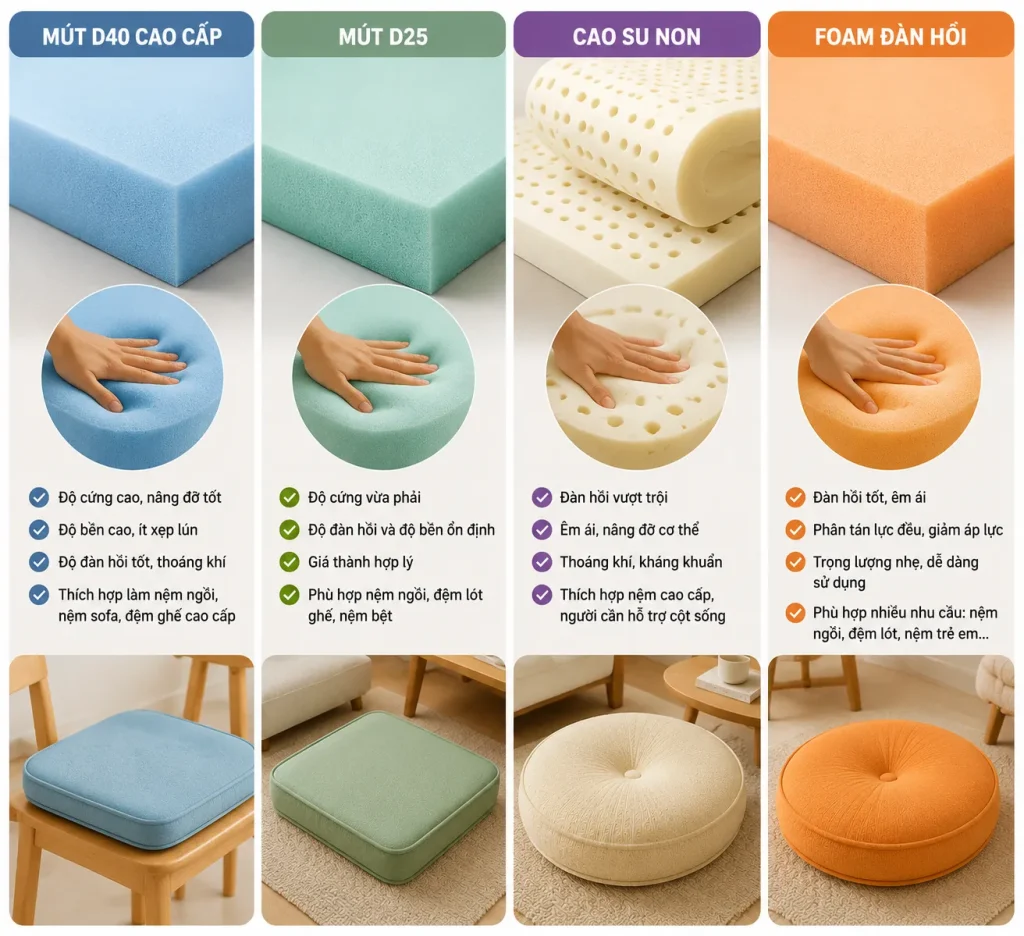 nệm ghế gỗ 23 Ruột nệm chất lượng cao giúp tăng độ đàn hồi và hạn chế xẹp lún.