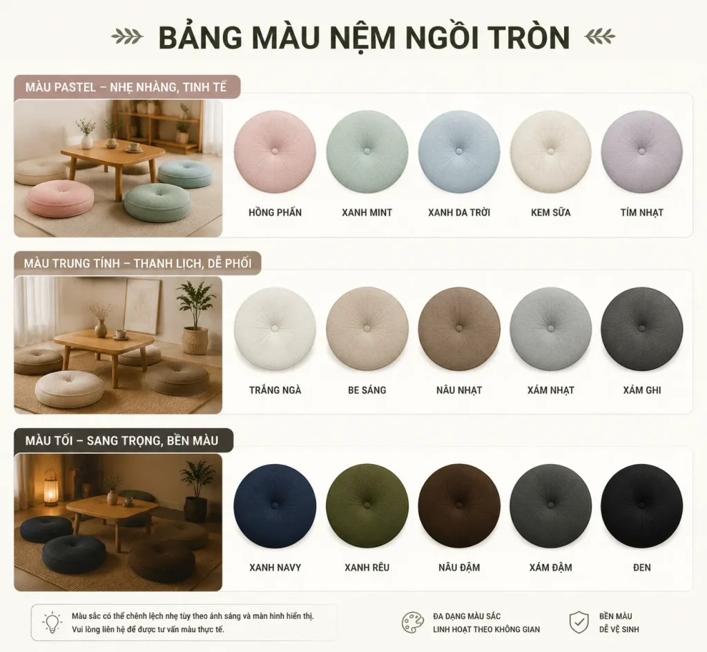 Nệm Ngồi Bệt Tròn Tại TPHCM | Êm, Bền, Cao Cấp, Nhiều Màu Chọn 9 Bảng màu nệm ngồi bệt tròn đa dạng, dễ phối hợp với mọi phong cách nội thất