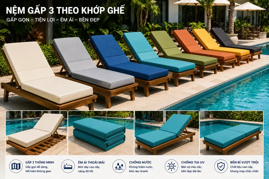 Thiết kế nệm gấp 3 ôm sát khung ghế giúp tăng sự thoải mái khi thay đổi góc ngả.