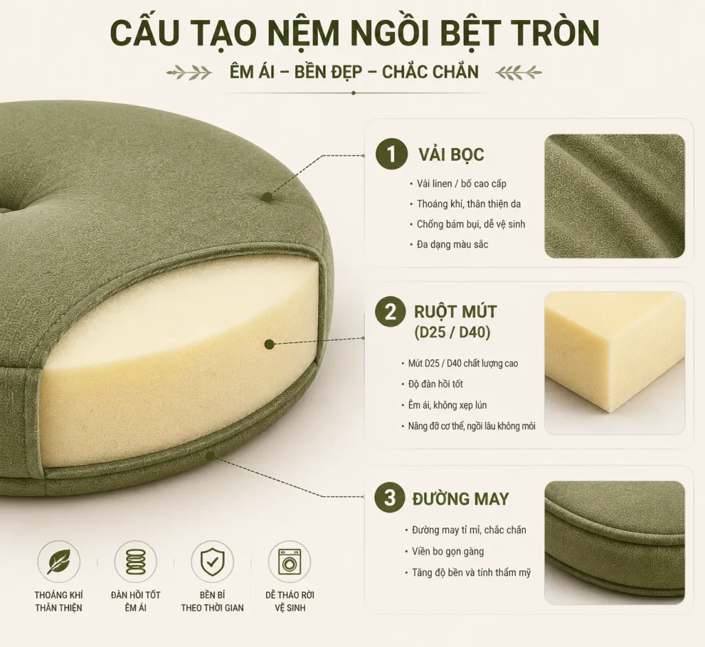 Nệm Ngồi Bệt Tròn Tại TPHCM | Êm, Bền, Cao Cấp, Nhiều Màu Chọn 3 Cấu tạo nệm ngồi bệt tròn gồm lớp mút đàn hồi, vải bọc cao cấp và đường may chắc chắn