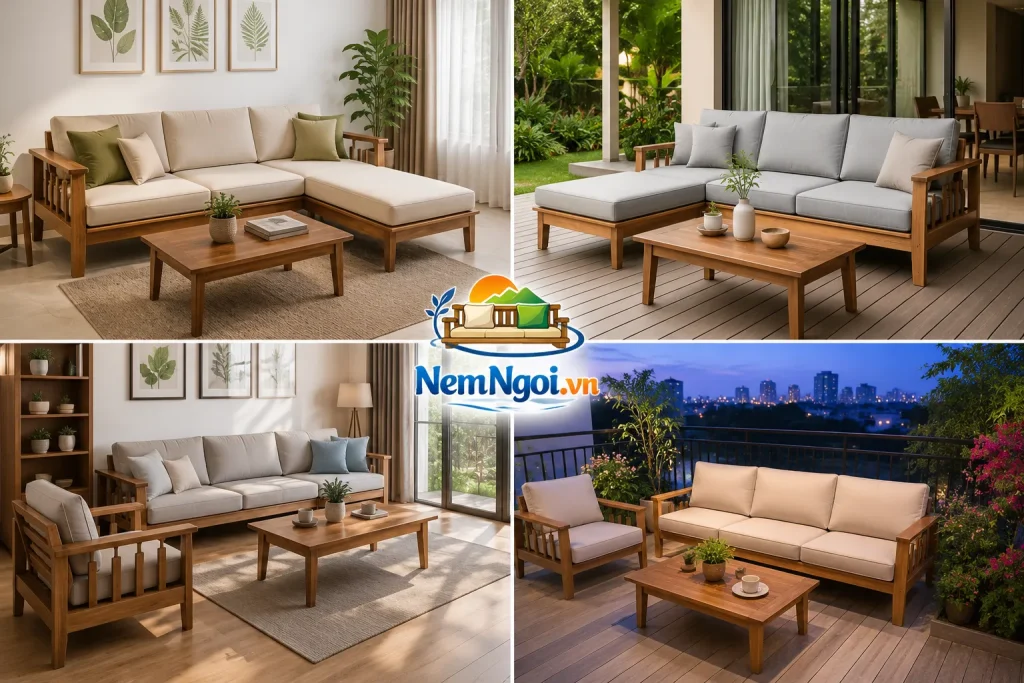 Nệm Sofa 26 Nệm sofa gỗ may theo kích thước giúp ghế gỗ ngồi êm hơn và tăng tính thẩm mỹ.