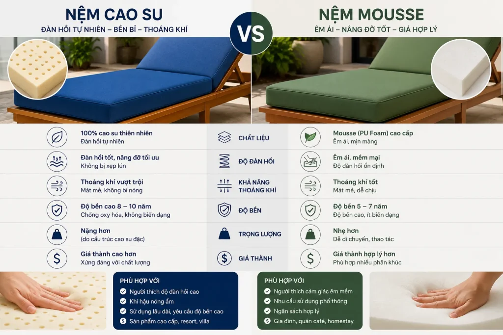 Nệm cao su có độ đàn hồi và độ bền cao hơn so với mousse thông thường