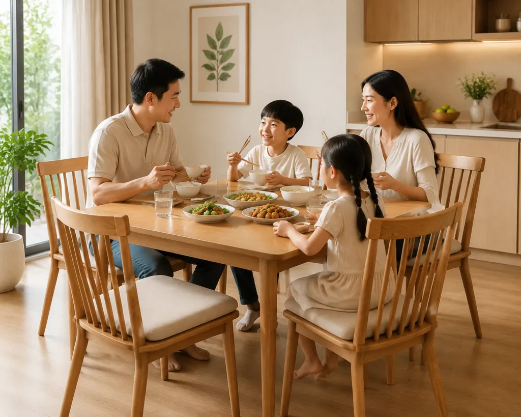 Nệm ghế bàn ăn giúp giảm cảm giác cứng khi ngồi lâu, mang lại sự thoải mái cho gia đình.