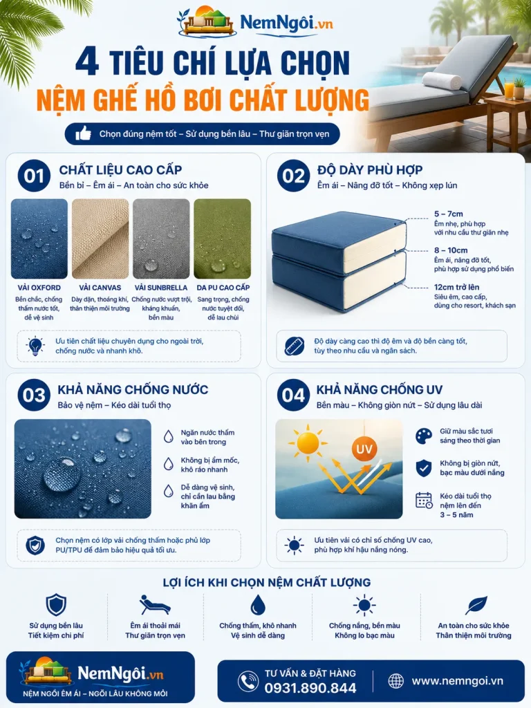 Các tiêu chí quan trọng khi chọn nệm hồ bơi gồm chất liệu, độ dày, khả năng chống nước và chống UV.