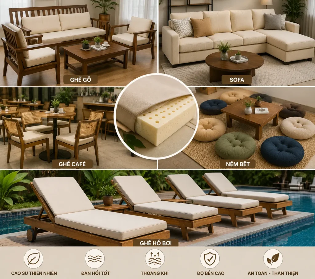 Nệm ngồi cao su được ứng dụng trong nhiều không gian từ gia đình đến resort