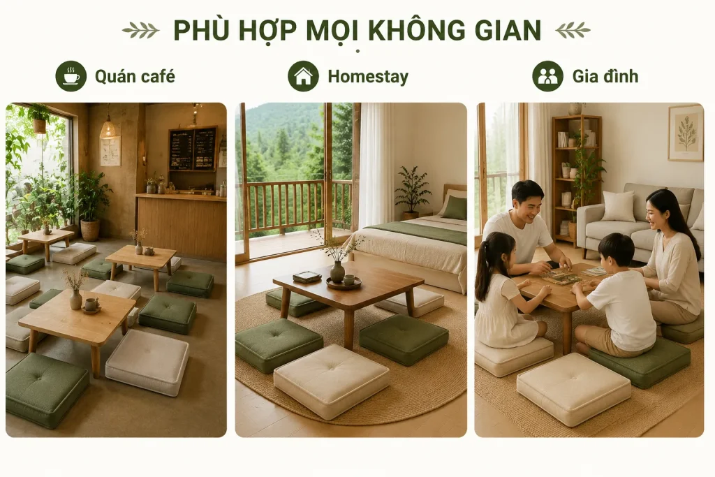 Nệm Ngồi Bệt Vuông Tại TPHCM Êm, Đẹp, Bền – May Theo Yêu Cầu 6 Ứng dụng nệm ngồi bệt vuông trong quán café và trà sữa, không gian gia đình