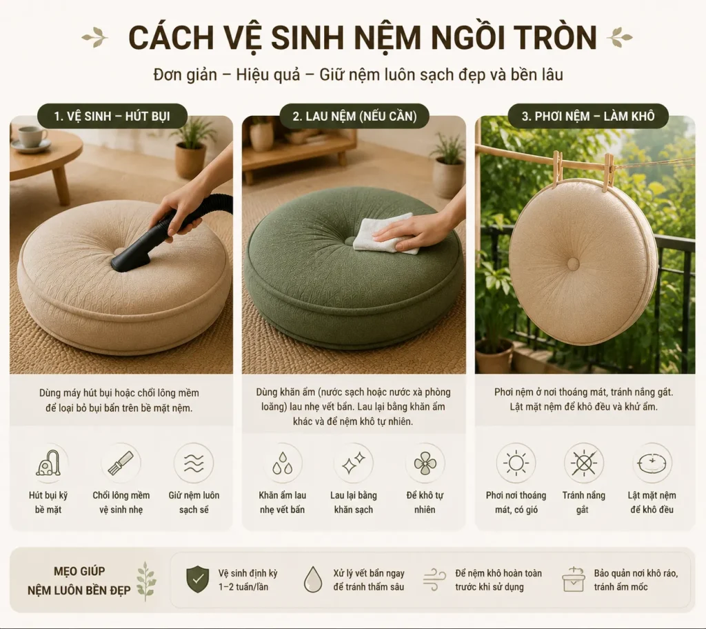 Nệm Ngồi Bệt Tròn Tại TPHCM | Êm, Bền, Cao Cấp, Nhiều Màu Chọn 11 Hướng dẫn bảo quản nệm ngồi bệt tròn giúp tăng độ bền và giữ form lâu dài