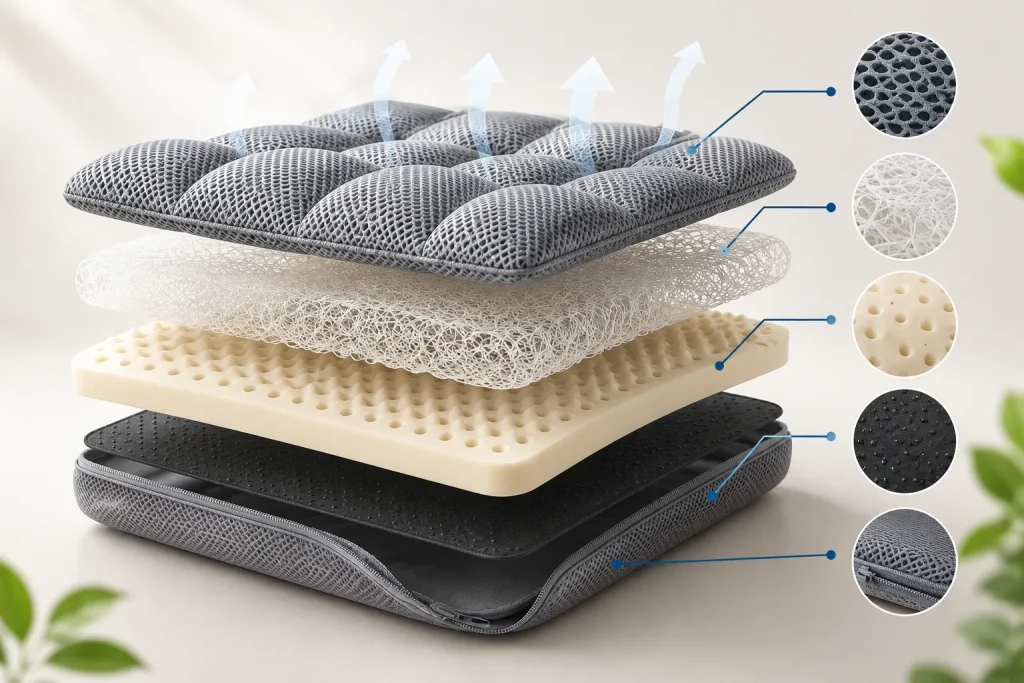 Đệm Ngồi 3D Thoáng Khí – Giải Pháp Ngồi Êm, Thoáng Mát Và Tiện Dụng 5 Cấu tạo nhiều lớp của đệm ngồi 3D giúp kết hợp giữa độ đàn hồi, thông thoáng và khả năng cố định trên mặt ghế.