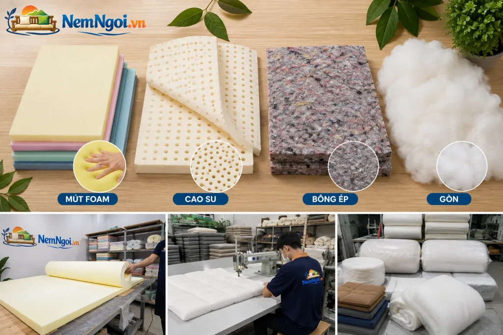 Nệm Lót Ghế Gỗ Theo Yêu Cầu | Đa Dạng Kích Thước, Chất Liệu 3 Các loại ruột nệm lót ghế gỗ phổ biến gồm mút Foam, cao su, bông ép và gòn.