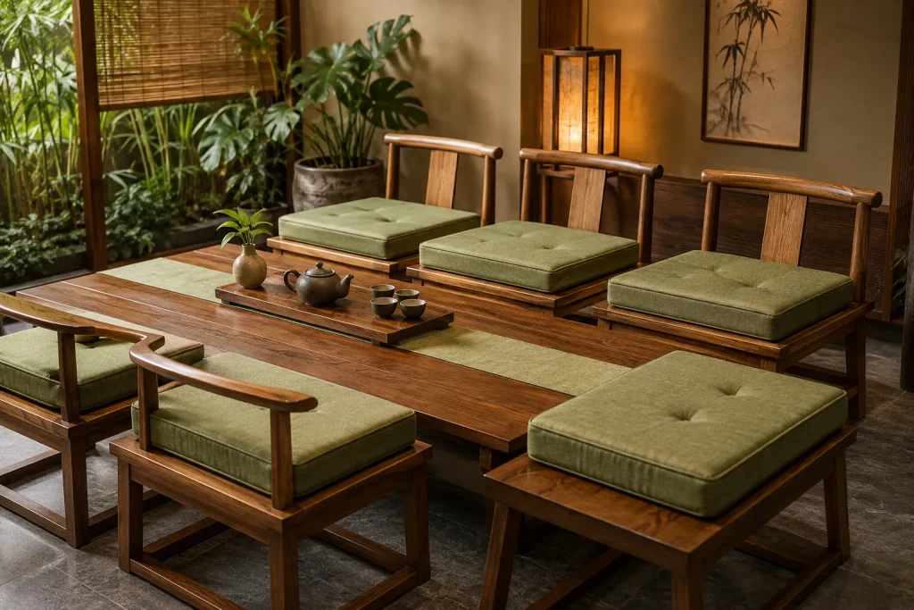Nệm Ngồi Phòng Trà Đẹp Cho Gia Đình, Quán Trà, Homestay 7 Nệm may theo kích thước ghế gỗ giúp tăng sự êm ái và giữ nguyên vẻ đẹp của nội thất gỗ tự nhiên.