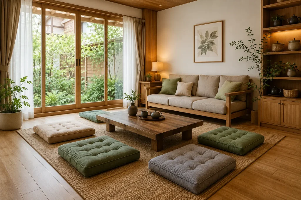 Phối hợp thảm ngồi bệt với bàn trà thấp, sofa và nội thất gỗ giúp tạo không gian tiếp khách hài hòa.