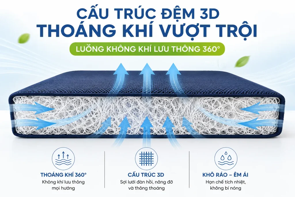 Đệm Ngồi 3D Thoáng Khí – Giải Pháp Ngồi Êm, Thoáng Mát Và Tiện Dụng 3 Không nên đưa quá nhiều chữ vào infographic; chỉ cần các cụm ngắn như “Cấu trúc 3D” – “Lưu thông khí” – “Thoáng mát”.