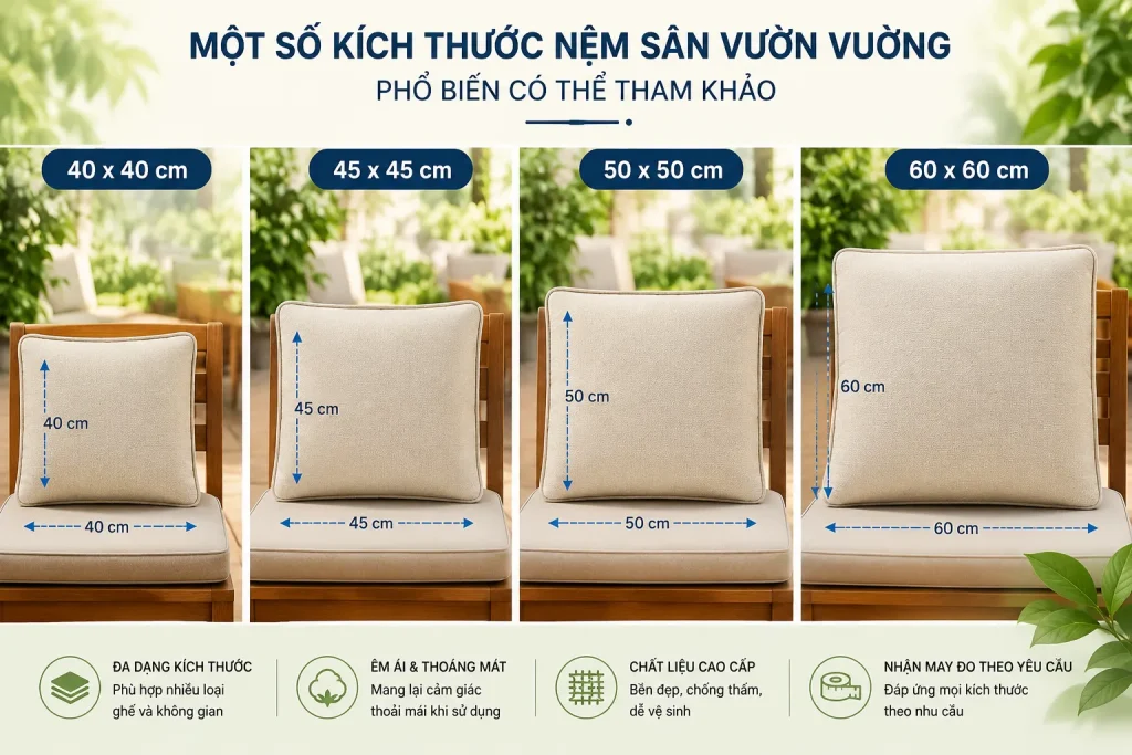 Nệm ngồi sân vườn có thể may theo kích thước thực tế của từng mẫu ghế