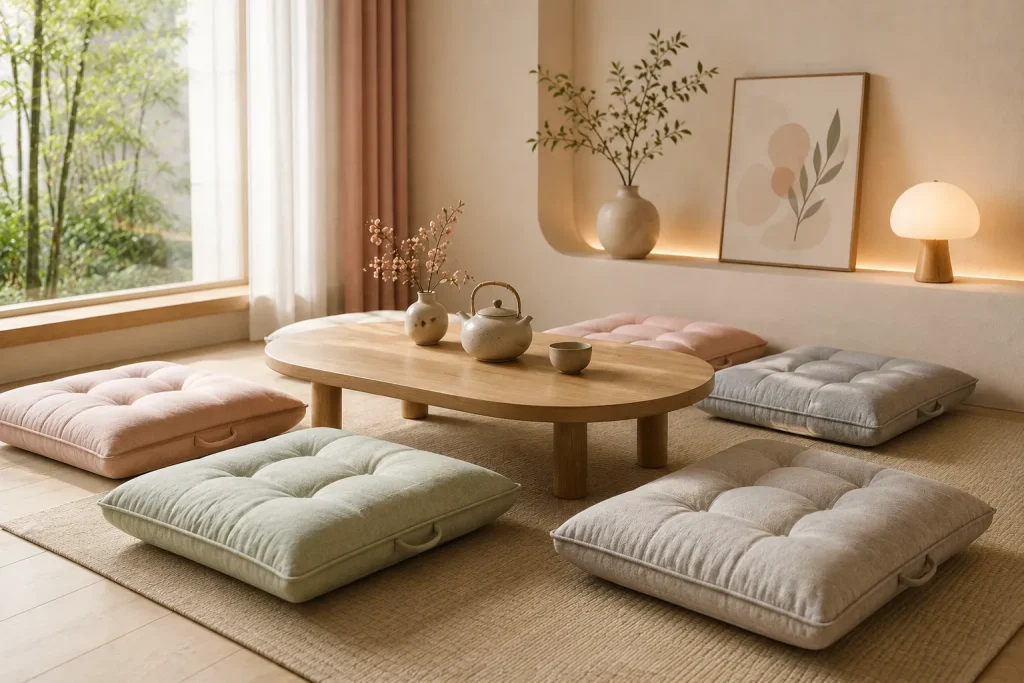 Nệm Ngồi Phòng Trà Đẹp Cho Gia Đình, Quán Trà, Homestay 6 Nệm ngồi với gam màu pastel và chất liệu linen phù hợp không gian phòng trà hiện đại.
