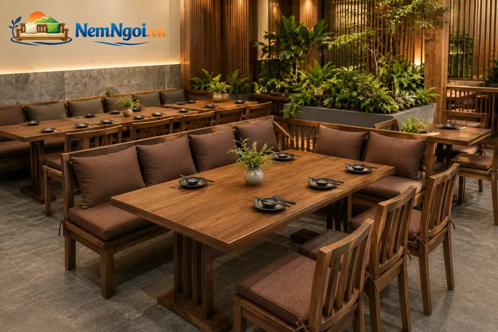 Nệm ghế nhà hàng màu nâu phù hợp với không gian nội thất gỗ sang trọng