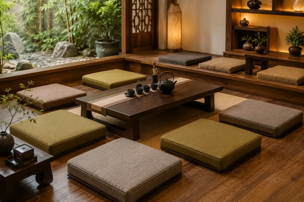 Nệm Ngồi Phòng Trà Đẹp Cho Gia Đình, Quán Trà, Homestay 2 Nệm ngồi được thiết kế riêng cho phòng trà, phù hợp với ghế gỗ và bàn trà thấp theo phong cách Á Đông.
