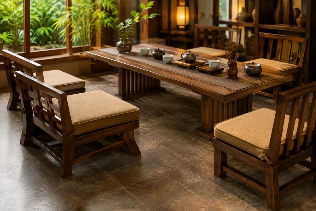 Nệm Ngồi Phòng Trà Đẹp Cho Gia Đình, Quán Trà, Homestay 4 Bộ nệm ngồi đồng bộ với nội thất gỗ giúp phòng trà trở nên ấm cúng, tinh tế và hài hòa hơn.