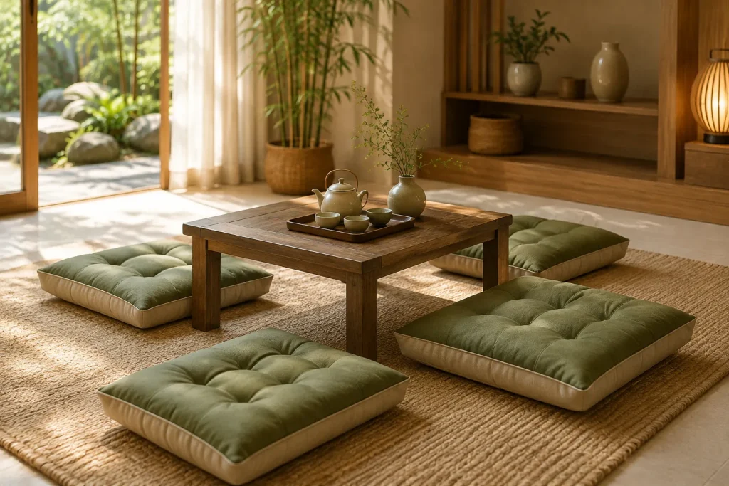 Nệm Ngồi Phòng Trà Đẹp Cho Gia Đình, Quán Trà, Homestay 8 Rất phù hợp cho phòng trà mang phong cách Zen hoặc thiền.