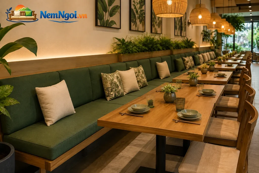 Nệm ghế băng dài nhà hàng được thiết kế theo kích thước thực tế của khu vực sử dụng