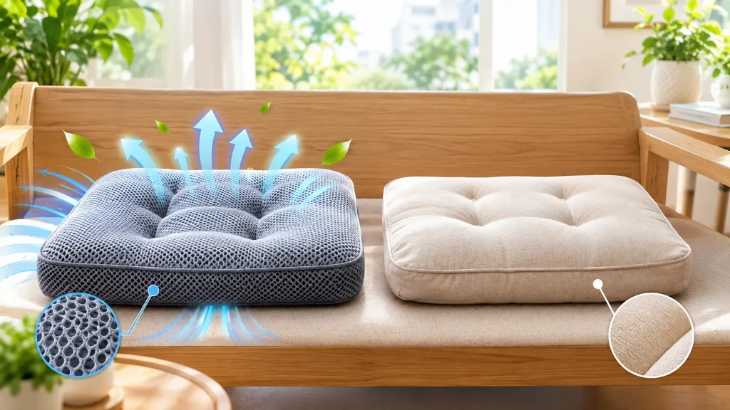 Đệm Ngồi 3D Thoáng Khí – Giải Pháp Ngồi Êm, Thoáng Mát Và Tiện Dụng 8 So sánh trực quan cấu trúc và thiết kế giữa đệm ngồi 3D thoáng khí và đệm ngồi thông thường.