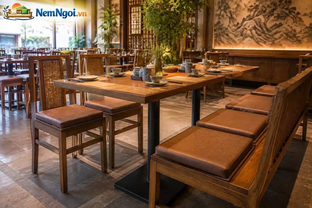 Mẫu nệm ghế nhà hàng vuông đơn giản, dễ phối với nhiều kiểu bàn ghế